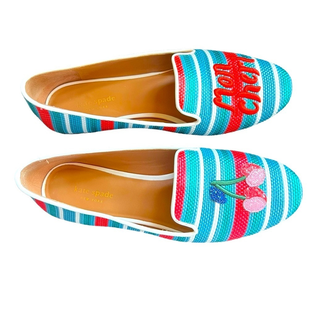 kate spade loafers flats women’s 9B ‘mon cheri’ raffia cherries striped . - Picture 12 of 14